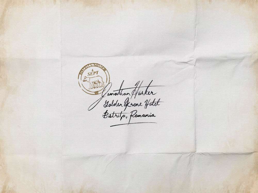 LetterBack Vintage handwritten envelope addressed to Jonathan Parker at Golden Pine Hotel, with a circular hotel stamp, illustrating classic graphic design elements.