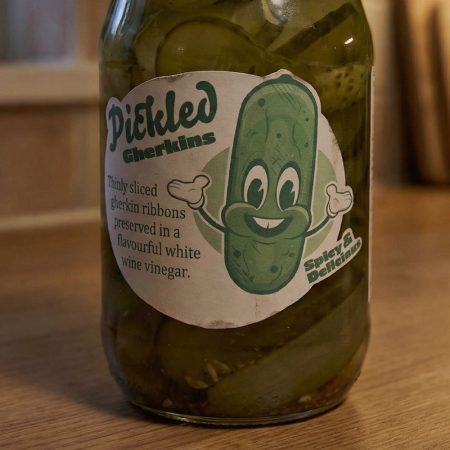 A close-up of a jar featuring a playful cartoon cucumber character with a smiling face, illustrating pickled gherkins preserved in white wine vinegar, ideal for SEO on graphic design related to food branding.