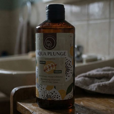 A detailed image of a revitalising vegan shampoo bottle with a modern, colourful label design for all hair types, featuring hydration and moisturising properties.