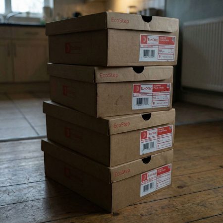EcoStep cardboard boxes stacked for eco-friendly packaging and shipping purposes, highlighting sustainable and environmentally conscious design in professional graphic design.
